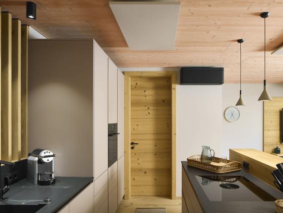 Moderne Küche im Hochfeldhof mit Holzakzenten und schwarzen Arbeitsflächen