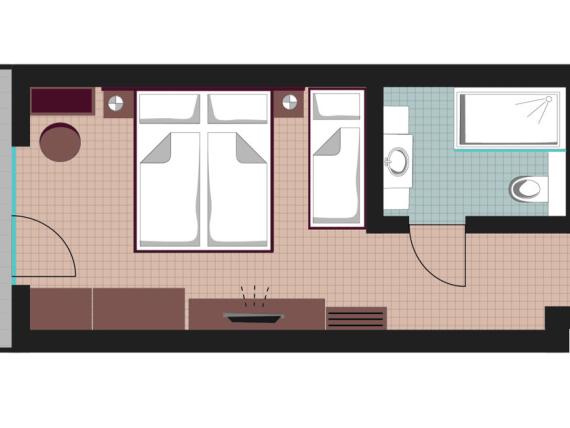 Floor plan of a family room at Familienresort Buchau with bathroom and balcony