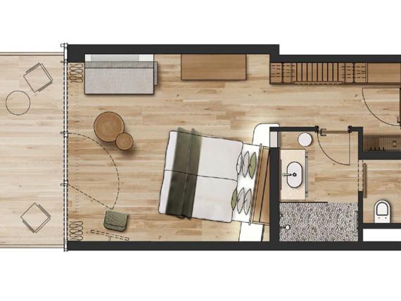 Grundriss einer Hotelzimmer-Suite im Seezeitlodge Hotel & Spa mit Balkon und Bad