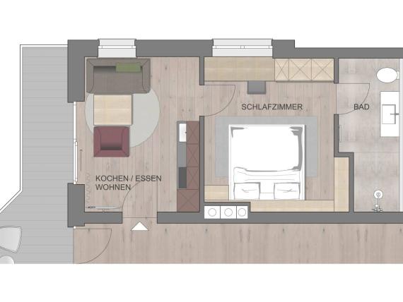 Grundriss einer Einzimmerwohnung Hochfeldhof mit Kochen, Schlafen und Bad