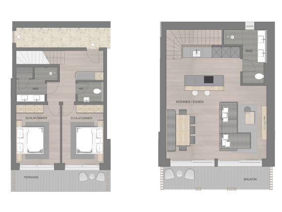 Grundriss des Hochfeldhofs mit Schlafzimmern, Bad, Wohnzimmer und Balkon