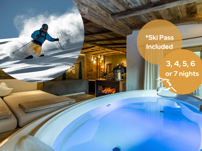 Innenpool mit Kamin im Hotel Jagdhof Pfurtscheller und Hinweis auf inkludierten Skipass