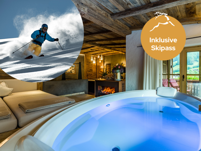 Hotel Jagdhof Pfurtscheller Zimmer mit Whirlpool und Kamin, Ski fahren im Schnee