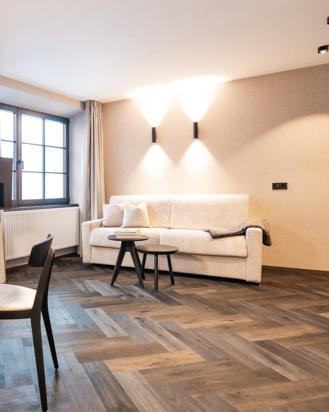 Soggiorno moderno nell'hotel Schwarzer Adler con divano e TV