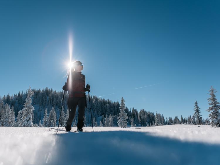 Skifahrer mit Stöcken in verschneiter Landschaft beim Hotel Forstauerwirt