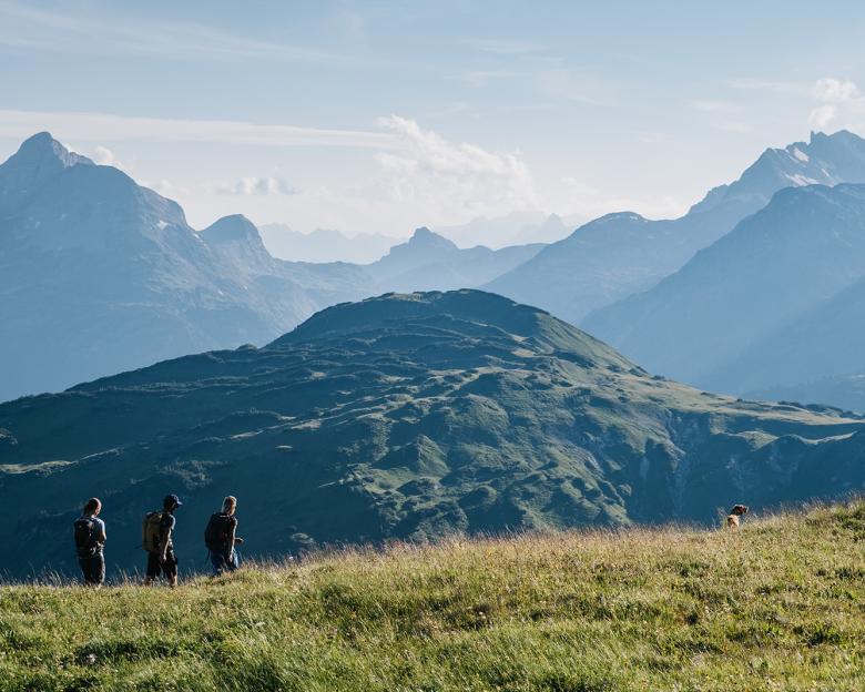 Hotel Aurora Wanderer auf grünem Hügel mit Alpen im Hintergrund