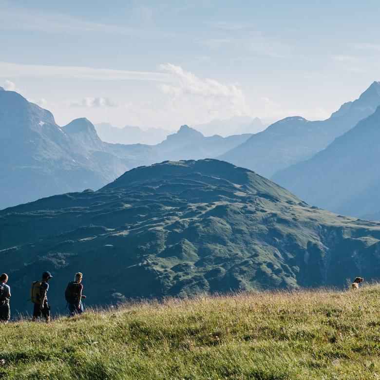Hotel Aurora Wanderer auf grünem Hügel mit Alpen im Hintergrund